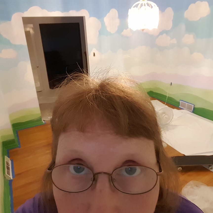 During painting the dining room. Do I look tired? I AM! The room was hand painted with a brush. Every color has two coats of paint.